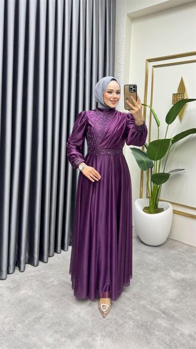 Taş İşlemeli Simli Abiye 6638 Mor