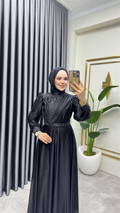 Taş İşlemeli Simli Abiye 6638 Siyah