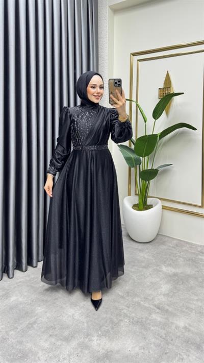 Taş İşlemeli Simli Abiye 6638 Siyah