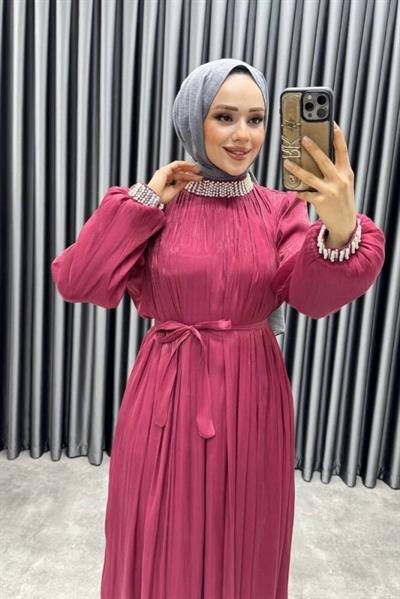 Yakası Taş İşlemeli Janjan Abiye 6222 Bordo