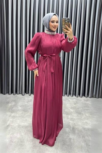 Yakası Taş İşlemeli Janjan Abiye 6222 Bordo