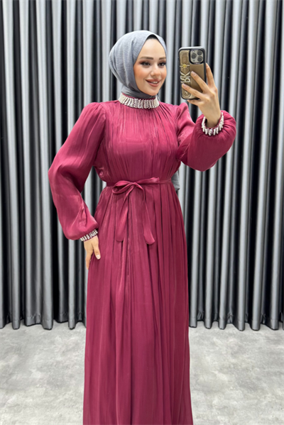Yakası Taş İşlemeli Janjan Abiye 6222 Bordo