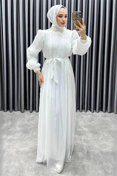 Yakası Taş İşlemeli Janjan Abiye 6222 Ekru