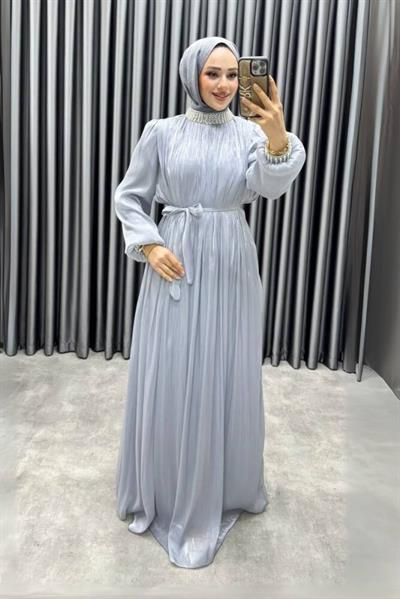 Yakası Taş İşlemeli Janjan Abiye 6222 Gri
