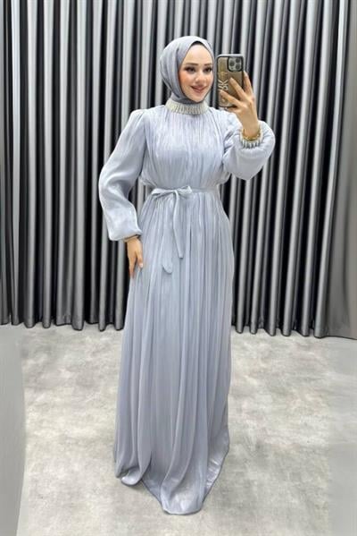 Yakası Taş İşlemeli Janjan Abiye 6222 Gri
