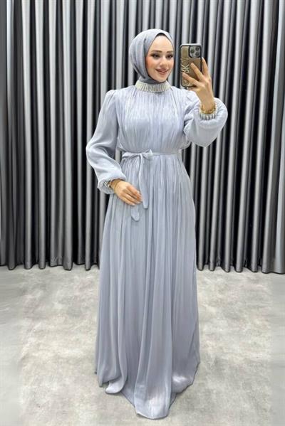 Yakası Taş İşlemeli Janjan Abiye 6222 Gri