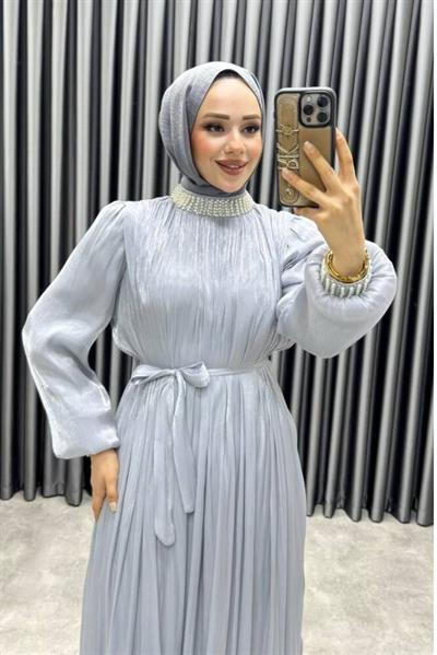 Yakası Taş İşlemeli Janjan Abiye 6222 Gri
