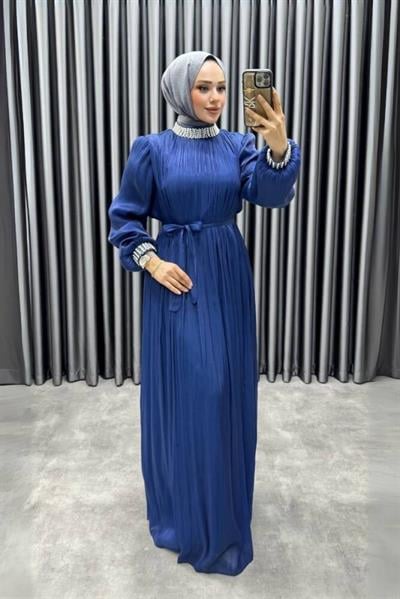 Yakası Taş İşlemeli Janjan Abiye 6222 Lacivert