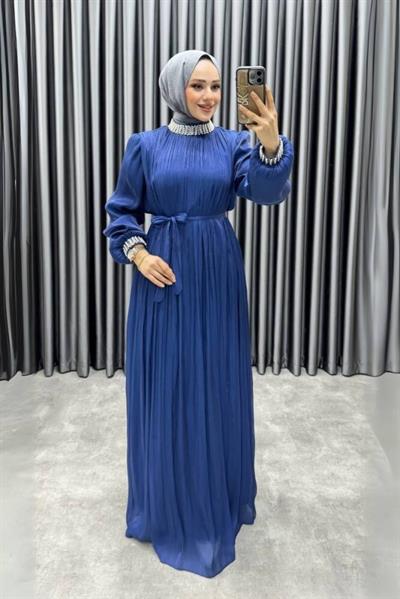 Yakası Taş İşlemeli Janjan Abiye 6222 Lacivert