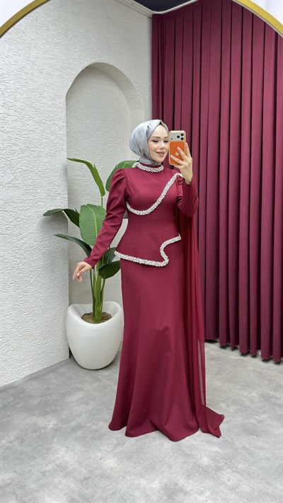 Yasmin Pelerinli Balık Abiye 1021 Bordo