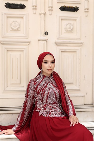 Zerrin Taşlı Şifon Abiye 6669 Bordo