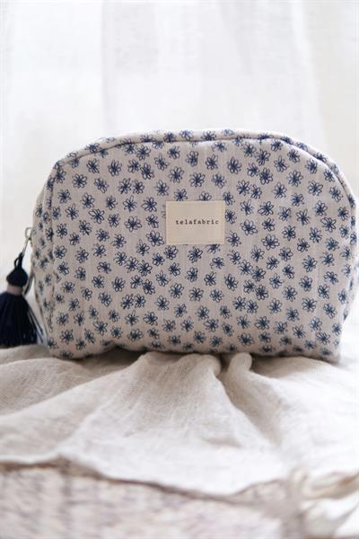 MİNİ MAVİ ÇİÇEKLİ KETEN MAKYAJ ÇANTASI / CLUTCH
