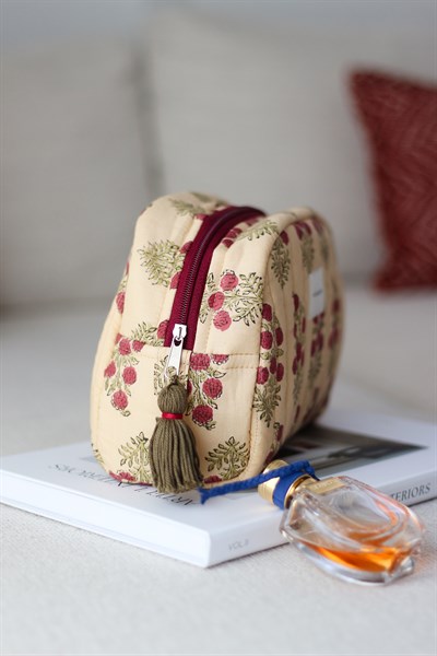 EL YAPIMI HİNT KUMAŞI MAKYAJ ÇANTASI - CLUTCH  BORDO ÇİÇEKLİ
