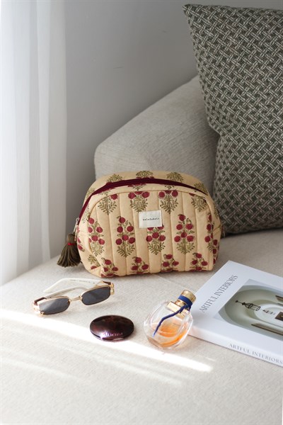 EL YAPIMI HİNT KUMAŞI MAKYAJ ÇANTASI - CLUTCH  BORDO ÇİÇEKLİ