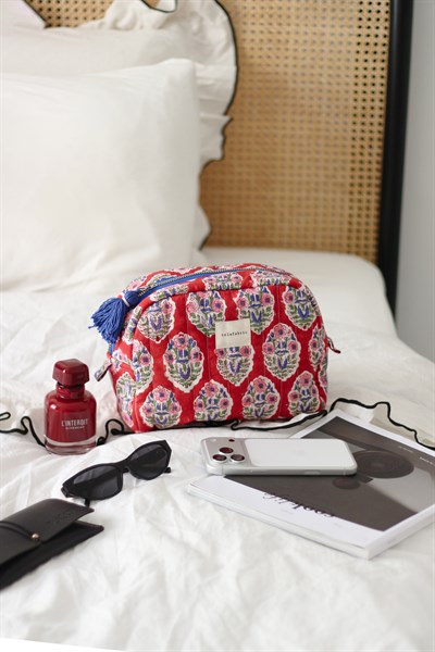 EL YAPIMI HİNT KUMAŞI MAKYAJ ÇANTASI - CLUTCH KIRMIZI