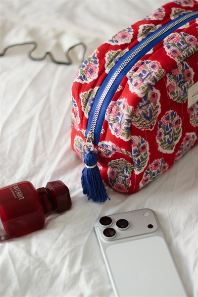 EL YAPIMI HİNT KUMAŞI MAKYAJ ÇANTASI - CLUTCH KIRMIZI