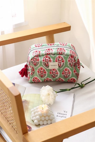 HİNT KUMAŞI MAKYAJ ÇANTASI & CLUTCH  *Pastel yeşil & Bordo*