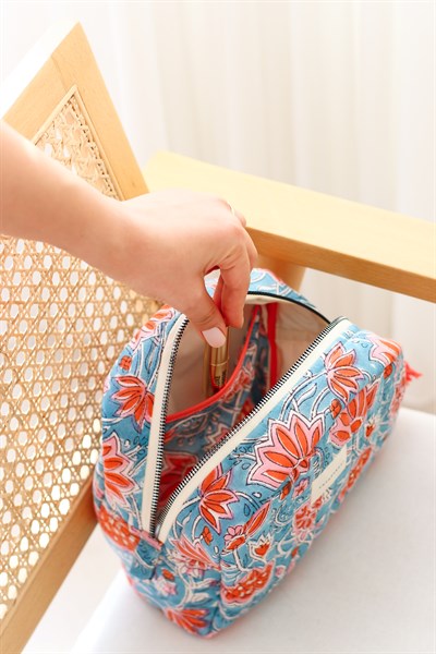 HİNT KUMAŞI MAKYAJ ÇANTASI & CLUTCH *turkuaz & nar çiçeği*
