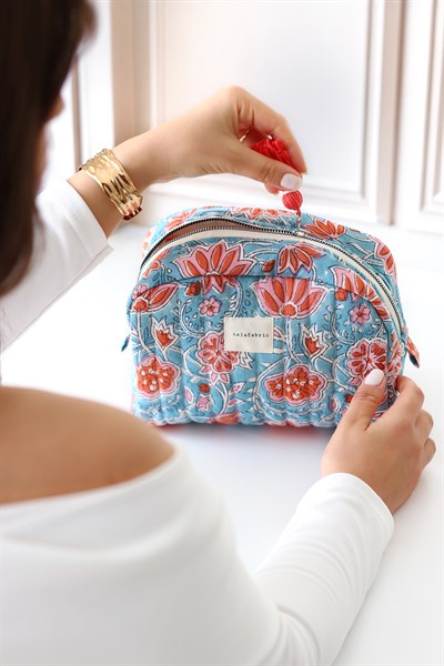 HİNT KUMAŞI MAKYAJ ÇANTASI & CLUTCH *turkuaz & nar çiçeği*