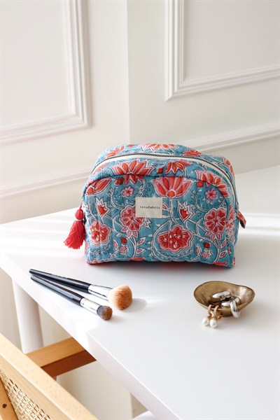 HİNT KUMAŞI MAKYAJ ÇANTASI & CLUTCH *turkuaz & nar çiçeği*