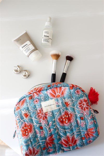 HİNT KUMAŞI MAKYAJ ÇANTASI & CLUTCH *turkuaz & nar çiçeği*