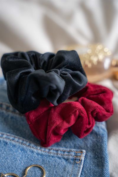 KADİFE SCRUNCHIE SAÇ TOKASI SETİ (2Lİ) – SİYAH & BORDO | Telafabric