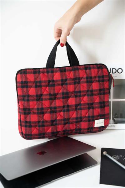 KIRMIZI SİYAH EKOSE EL YAPIMI LAPTOP ÇANTASI