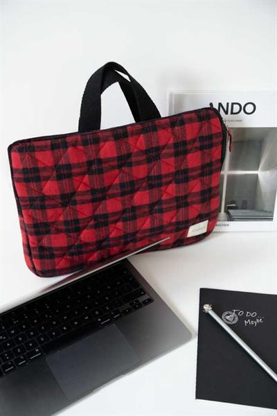 KIRMIZI SİYAH EKOSE EL YAPIMI LAPTOP ÇANTASI
