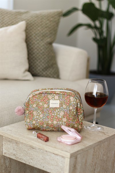 PASTEL ÇİÇEKLİ EL YAPIMI MAKYAJ ÇANTASI - CLUTCH PONPONLU