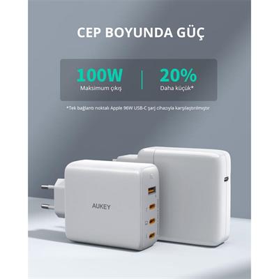 AUKEY PA-B7S-WH 100W DÖRT BAĞLANTI NOKTALI PD GAN DUVAR ŞARJ CİHAZI