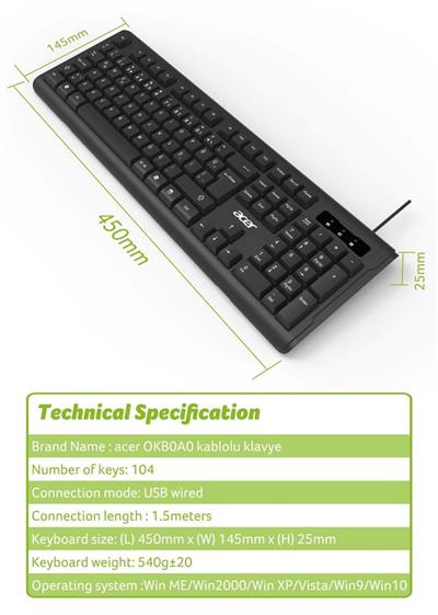 Acer OAK-0A0  Siyah Kablolu Sessiz Tuşlu  Klavye (Caps Lock) (Kablo Uzunluğu 1.50Cm) Caps Lock