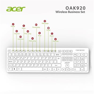 Acer OAK-920  Beyaz Kablosuz Sessiz Tuşlu  2.4Ghz Klavye Moue Set Beyaz (Mouse 1200Dpı) Caps Lock