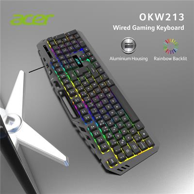 Acer OKW213 Siyah RGB Rainbow Backlit Gaming Keyboard Rainbow (Kablo Uzunluğu 1,5mt)