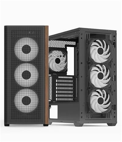 Aerocool AE  D501A BK 4x12cm A-RGB Fanlı, Ahşap Ön Panel Temp Cam Yan ve Mesh Ön Panel,USB Type-C