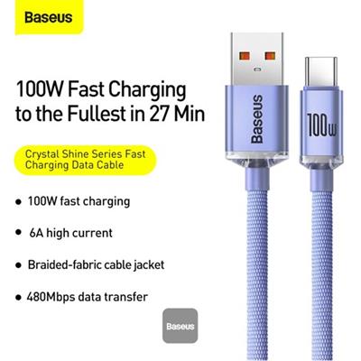 Baseus CAJY000405 1.2mt Crystal Cable USB-A to Type-C Fast Charge Data Cable 100W 5A1.2M-Purple