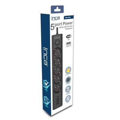 INCA IPW-44TU 5li 1,5mt Siyah 3Usb+Typ-C Akım Korumalı  Led Tuşlu Priz