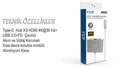 Inca ITPC-04TX Type-c Hub HDMI 4K@30hz USB3.0+PD100W Akım ve Voltaj Korumalı Alüminyum Çoklayıcı