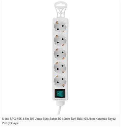 S-link SPG-F05 1.5m 306 Joule Euro Soket 3G1.0mm Tam Bakır 5li Akım Korumalı Beyaz Priz Çoklayıcı