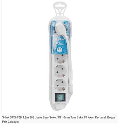 S-link SPG-F05 1.5m 306 Joule Euro Soket 3G1.0mm Tam Bakır 5li Akım Korumalı Beyaz Priz Çoklayıcı