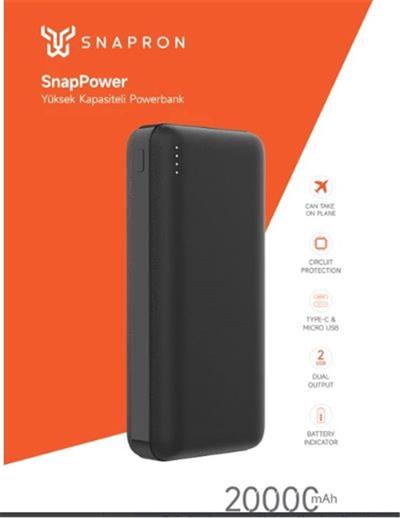 SNAPRON Snp 3002 Siyah Powerbank 20.000 Mah. Hızlı Şarj Özellikli. Usb Kablo Dahil