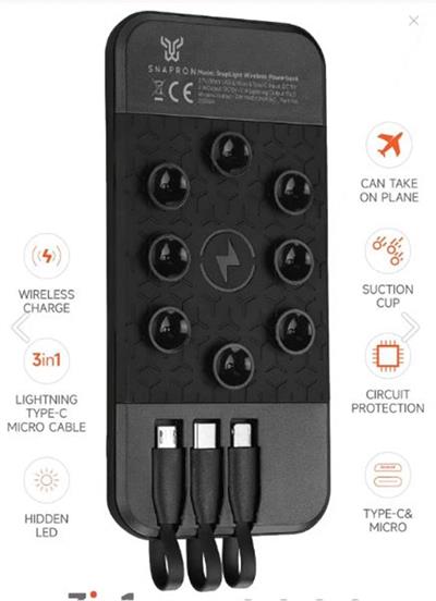 Snapron SNP-3003 10.000 Mah Vantuzlu Wireless Kablosuz ve 3in1 Kablolu Powerbank