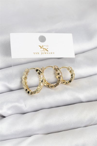 Pirinç Gold Renk Zirkon Taşlı Petek Halka Model YSX Trio Küpe Seti