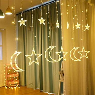 3 Metre Perde LED Işık Zinciri - Yıldız ve Ay Figürlü, Sarı Işık, Uç Uca Eklenebilir