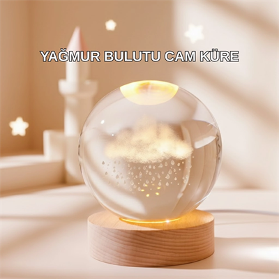 3D Yağmur Bulutu Desenli Kristal Top USB Gece Lambası Ahşap Tabanlı Dekoratif Lamba