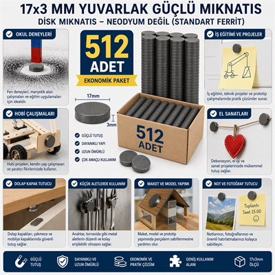 512 Adet Mıknatıs 17x3 mm Yuvarlak Güçlü Mıknatıs Disk Mıknatıs