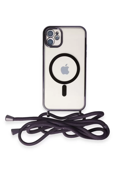 Apple iPhone 11 Kılıf Divo Lazer Askılı Magsafe Kapak - Derin Mor