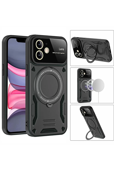 Apple iPhone 11 Kılıf Joy Lens Standlı Kapak - Koyu Yeşil