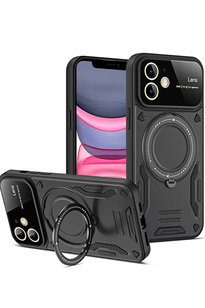 Apple iPhone 11 Kılıf Joy Lens Standlı Kapak - Siyah