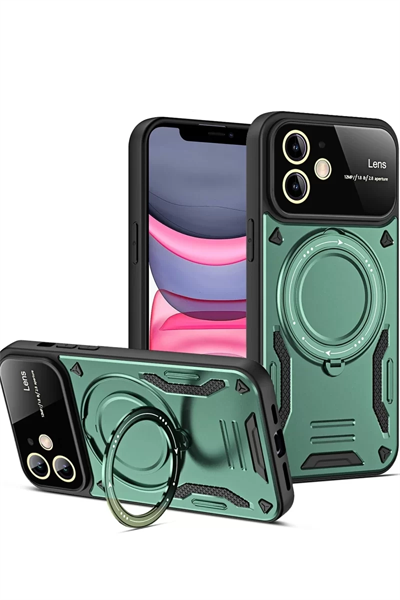 Apple iPhone 11 Kılıf Joy Lens Standlı Kapak - Koyu Yeşil