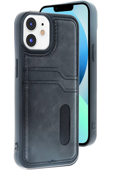 Apple iPhone 11 Kılıf Sara Kartvizitli Deri Kılıf - Siyah